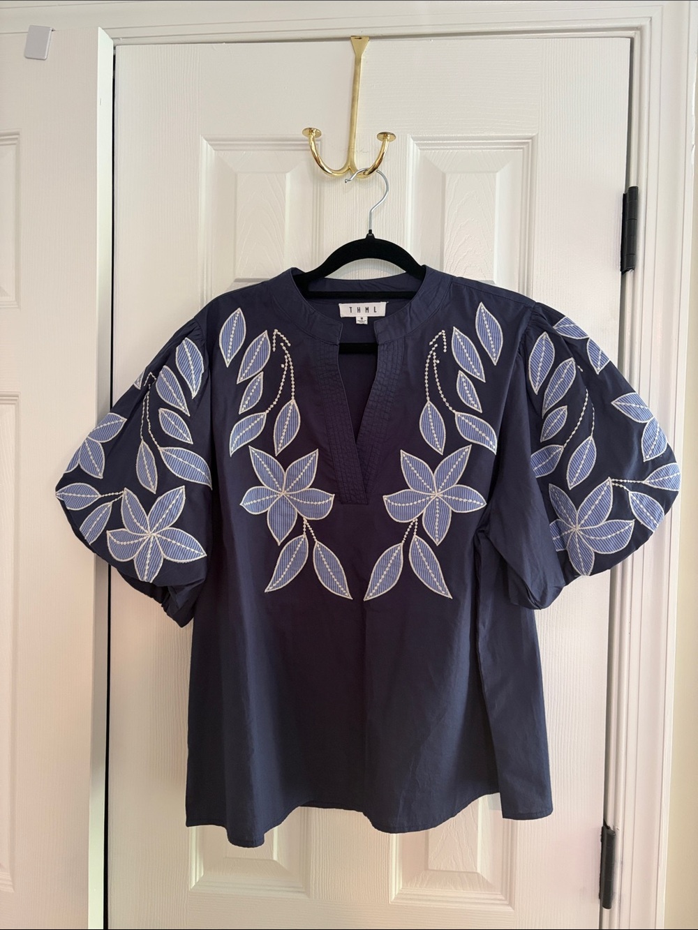 THML Navy Embroidered Floral Puff-Sleeve Top